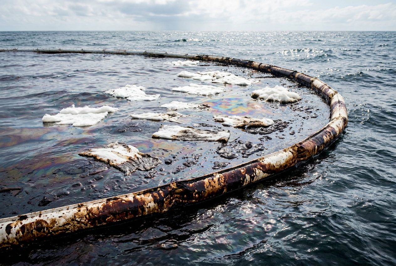 Ölunfall auf dem Meer: weiße Ölsperre und DEUREX PURE Bindemittel nehmen Rohöl auf der Wasseroberfläche auf